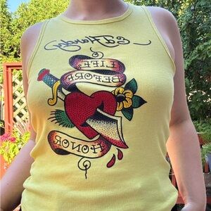 Ed Hardy Yellow Tattoo Graphic Tank Top